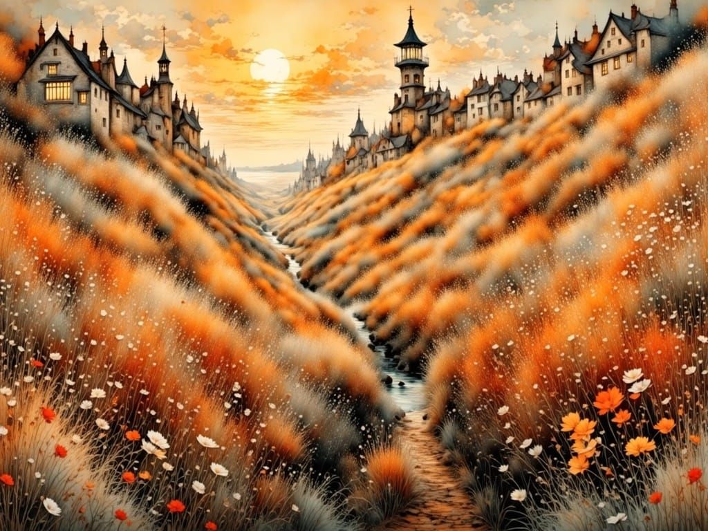 Ethereal Medieval Landscape in Deep, Noctilucent Hues