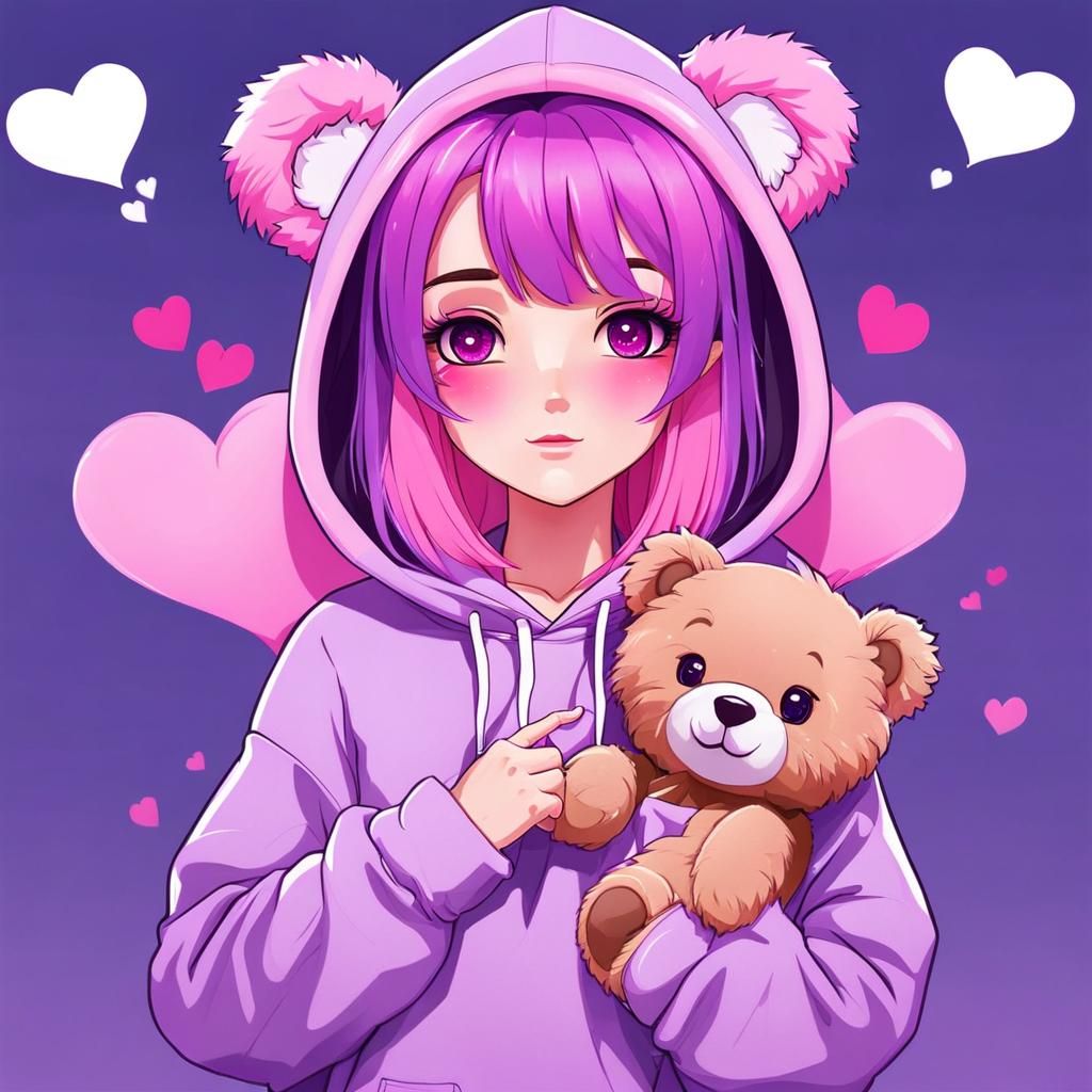 Anime Girl with Split Hair and Teddy Bear Hoodie