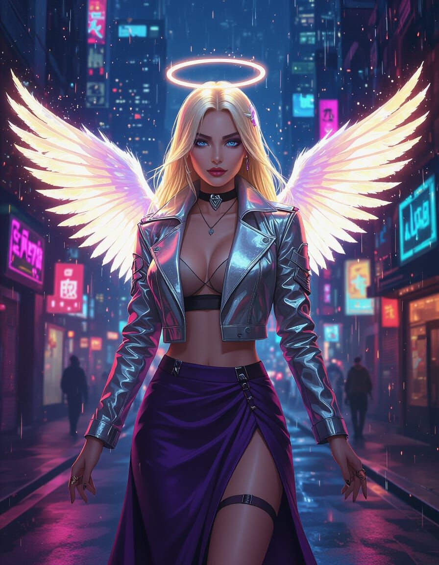 Futuristic Vampire with Halo and Wings on Cyberpunk Street