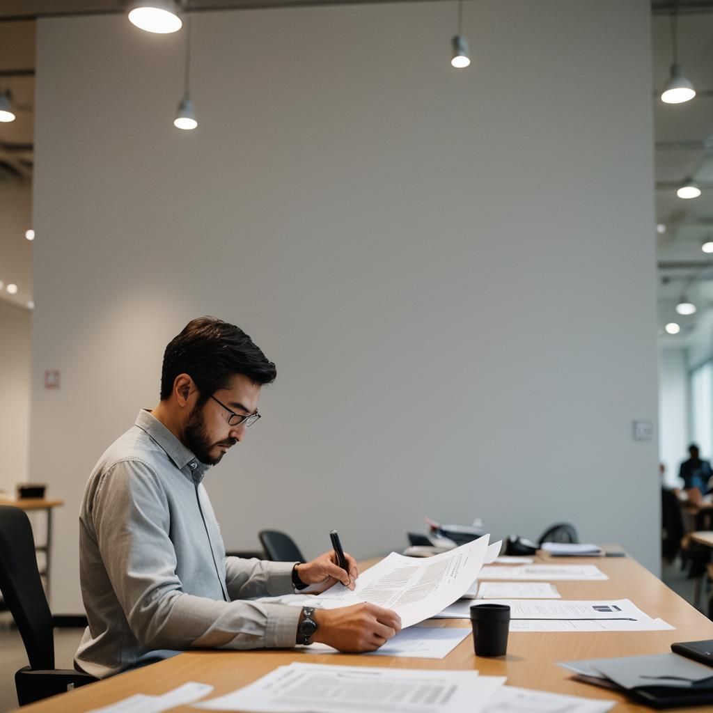 Person Inspecting Document with Bokeh Effect