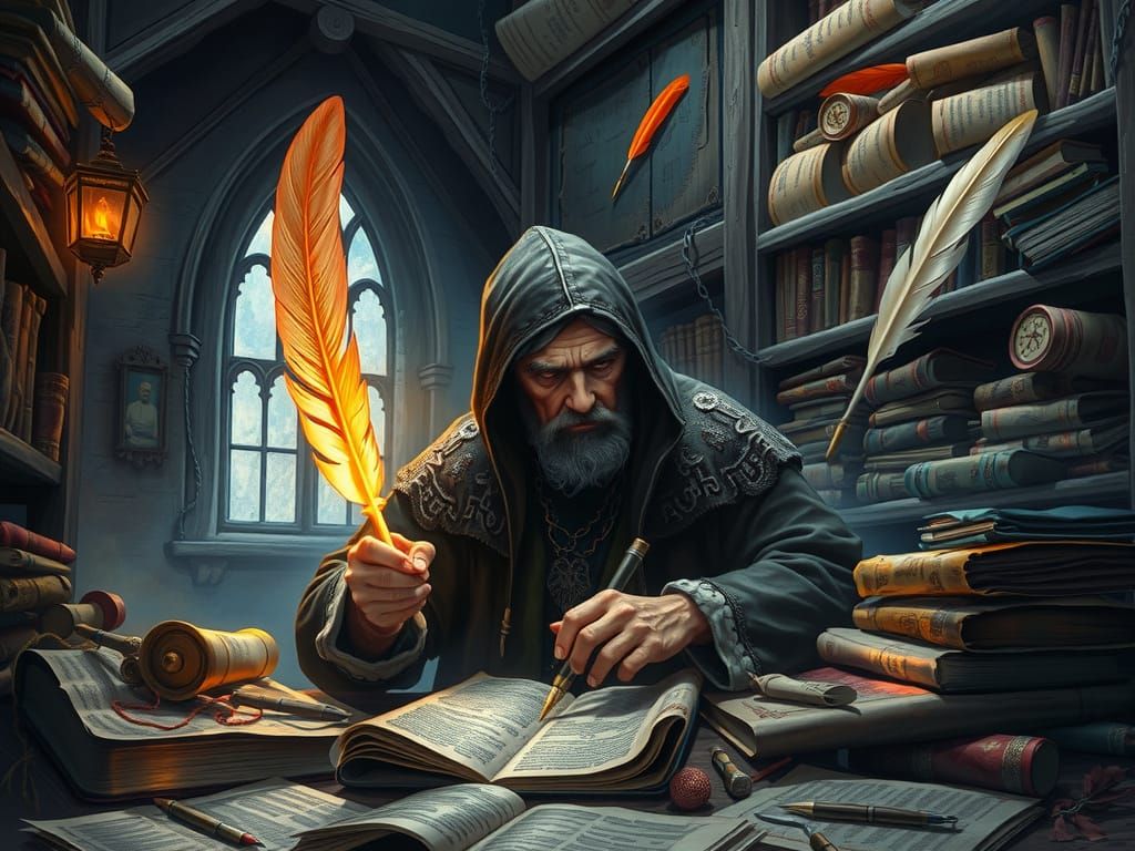 Magical Scribe in Creepy Monastery with Glowing Quills