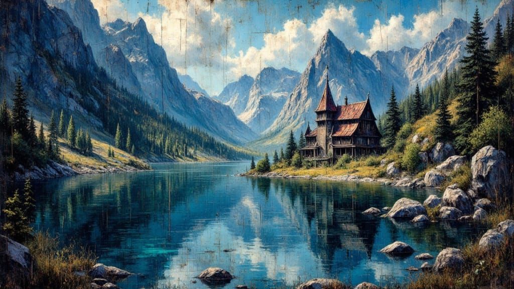Hidden Elven Village on Mountain Lake, Frazetta Style