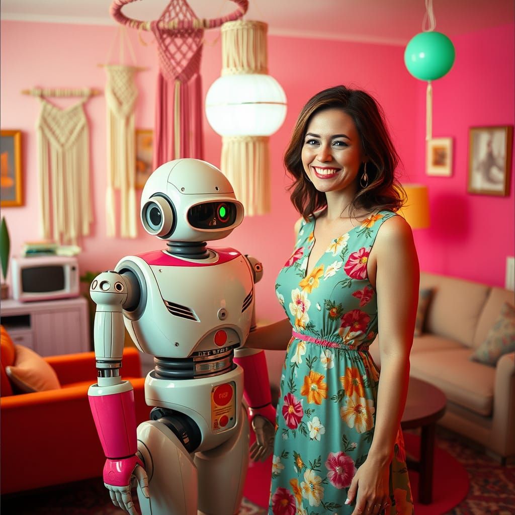 Woman in Floral Dress Poses with Retro Futuristic Robot in V...