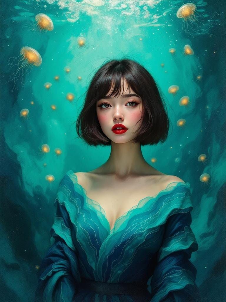 Woman in Underwater Scene: Zao Wou-Ki and Anders Zorn Style