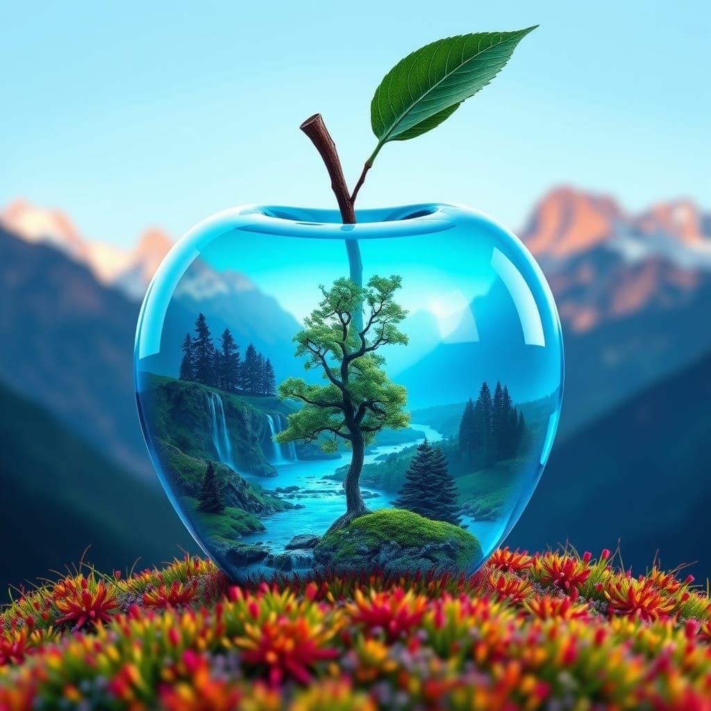 Enchanted Glass Apple with Waterfalls and Trees