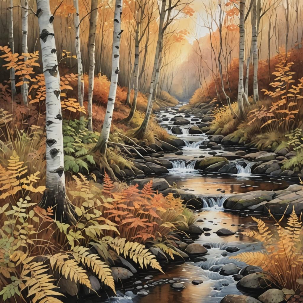 Autumn Birchwoods Watercolor Painting at Golden Hour