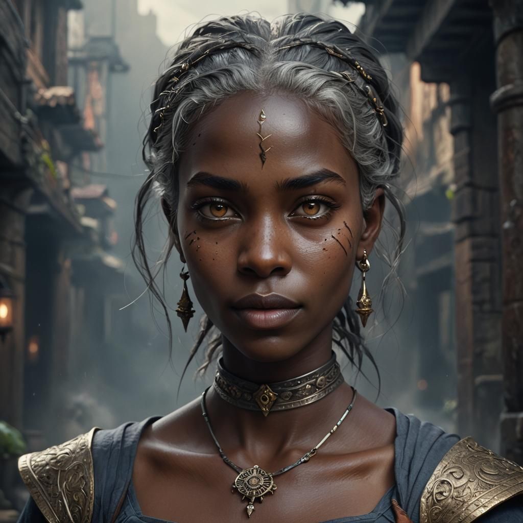 Dark-Skinned Woman with Grey Hair, Detailed Digital Painting