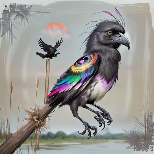 Crow with Exaggerated Eye in Swampy River