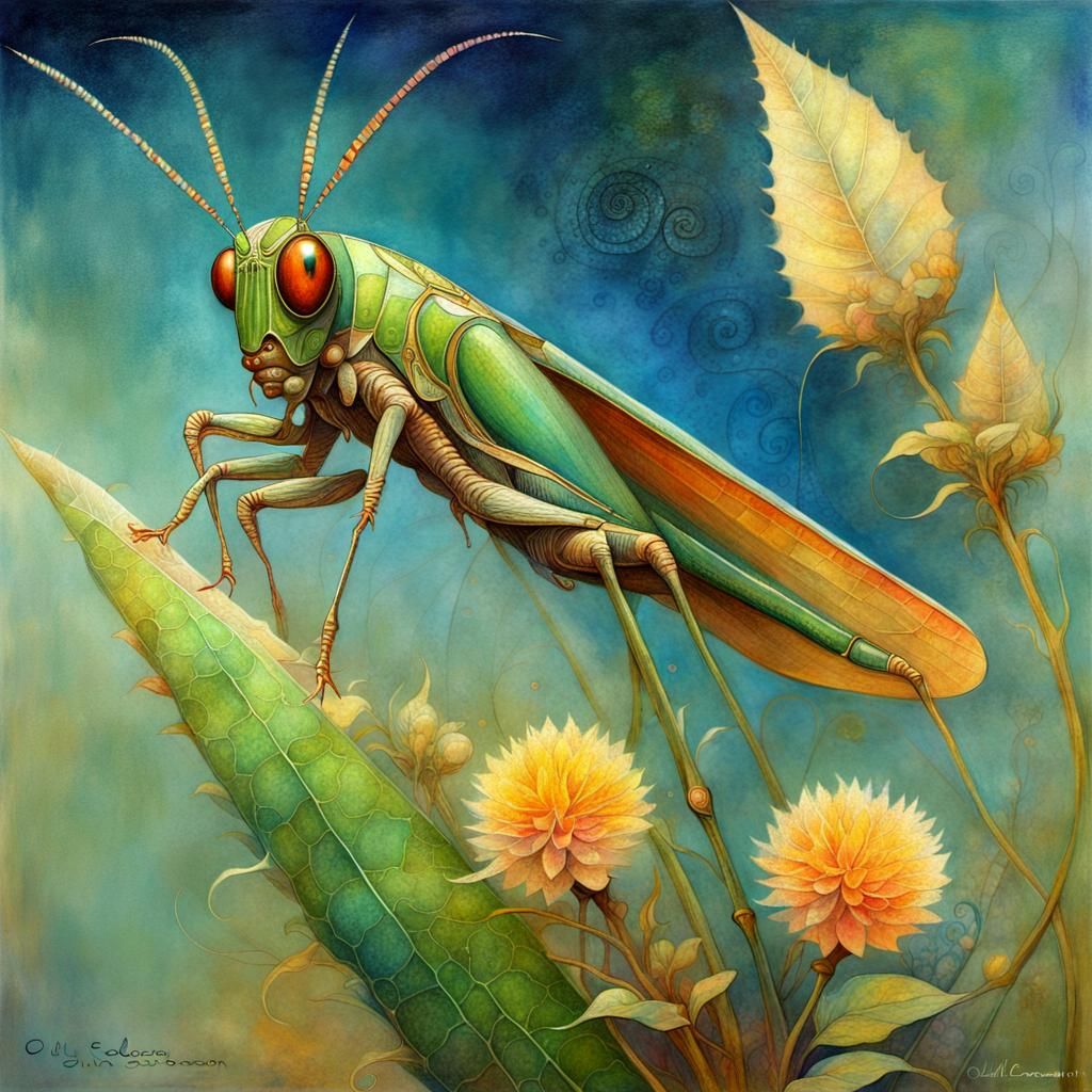 Surreal Grasshopper Inspired by Klimt and Redon