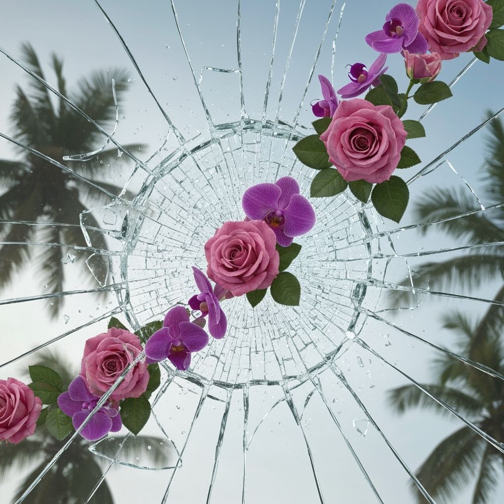 Shattered Glass Reveals Delicate Roses and Orchids