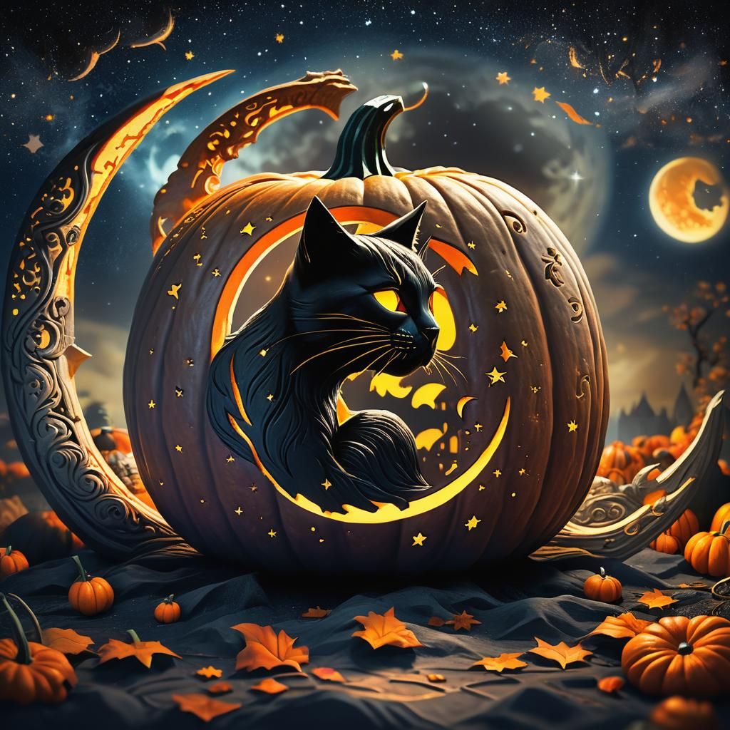 Carved Pumpkin with Black Cat in Fantasy Art Style