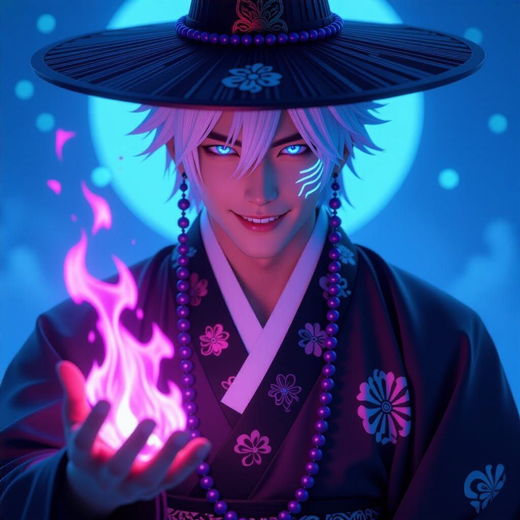 Anime Demon Hunter with Purple Flames in Hyperrealistic Styl...