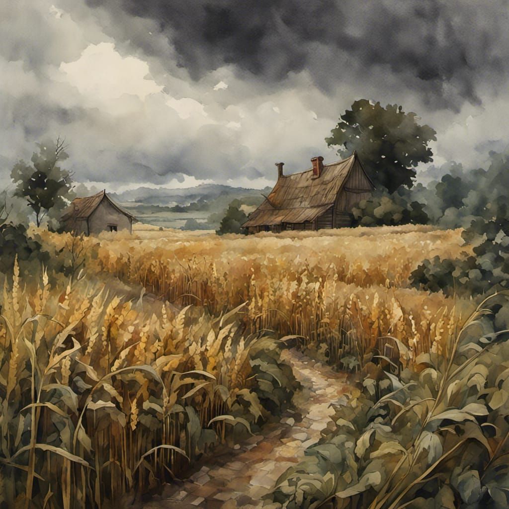 Medieval Village Harvest in Moody Watercolor Style