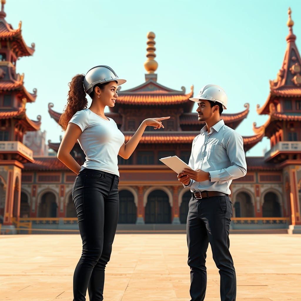 Confident Woman Inspires Engineer at Historic Building Site...
