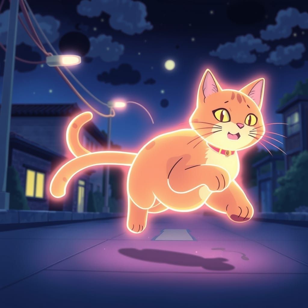 Luminous Cat Runs Through the Night: Anime Art