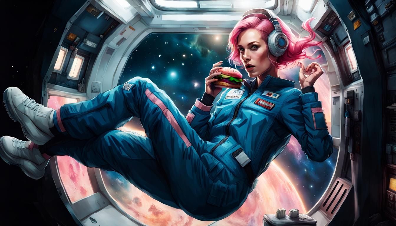 Zero-Gravity Hamburger Feast in Spacecraft