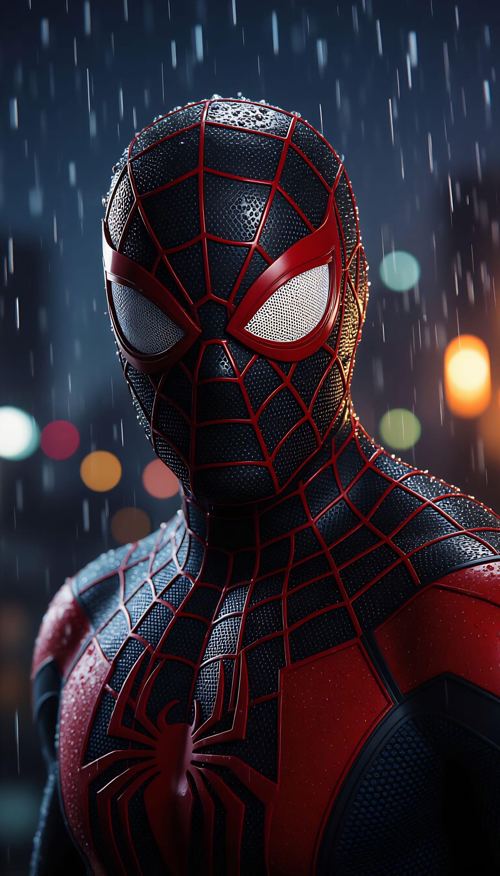 Ultra-Realistic Superhero Portrait in Rainy Night Cityscape