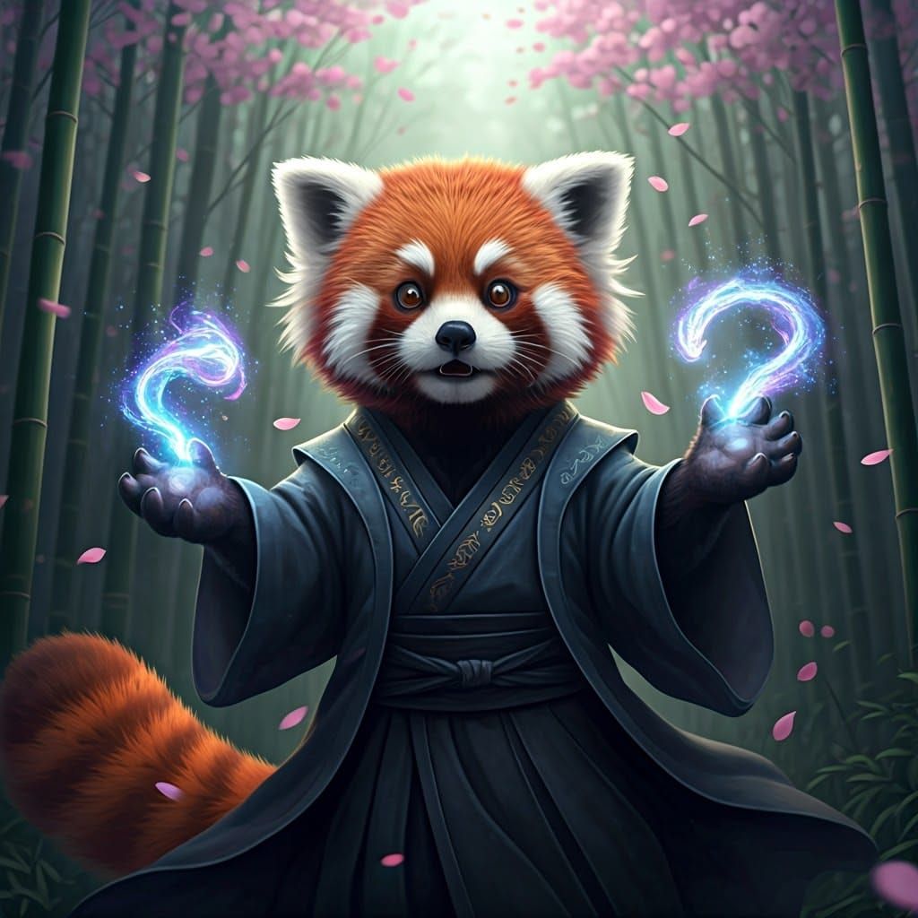 Red Panda Sorcerer Channels Magic in Bamboo Forest