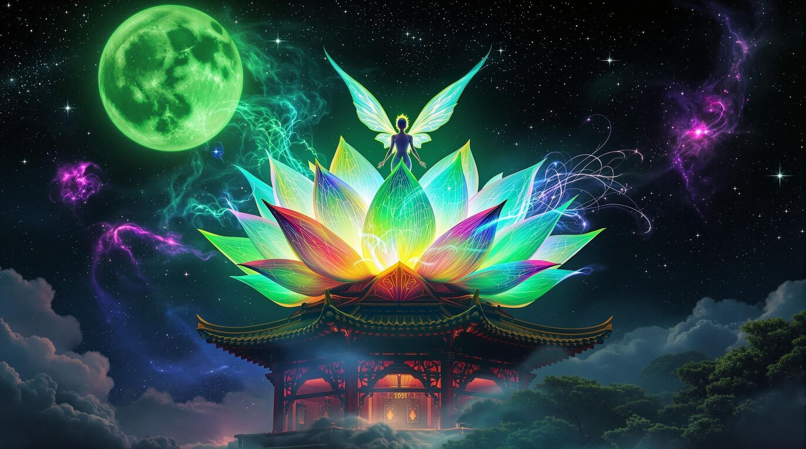 Surreal Lotus Fantasy Blooms from Ancient Pagoda