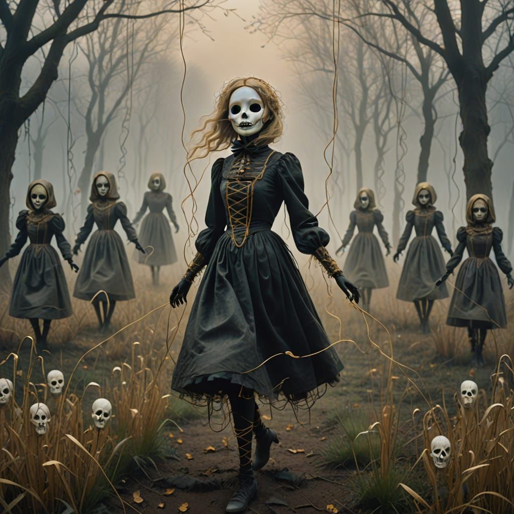 Ethereal Marionette Dancer Amidst Forgotten Masks
