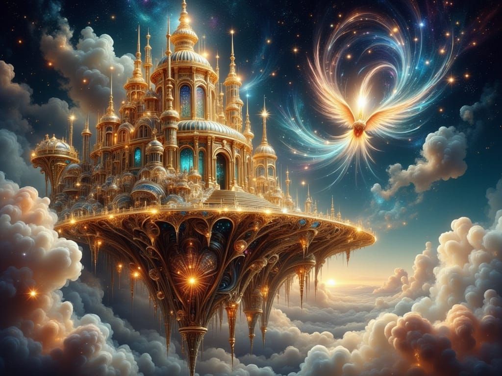 Steampunk Floating Island with Cosmic Celestial Creature