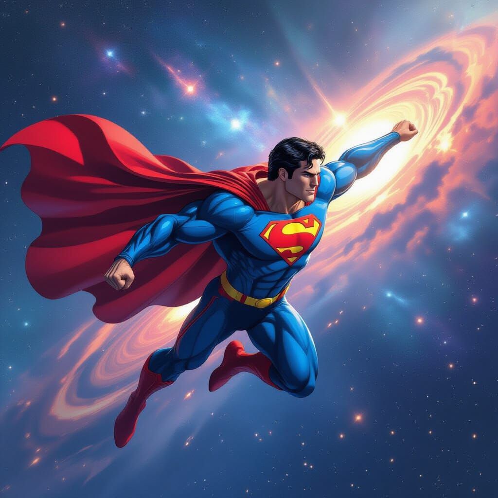 Superman Soaring Through Starry Galaxy in Futuristic Style