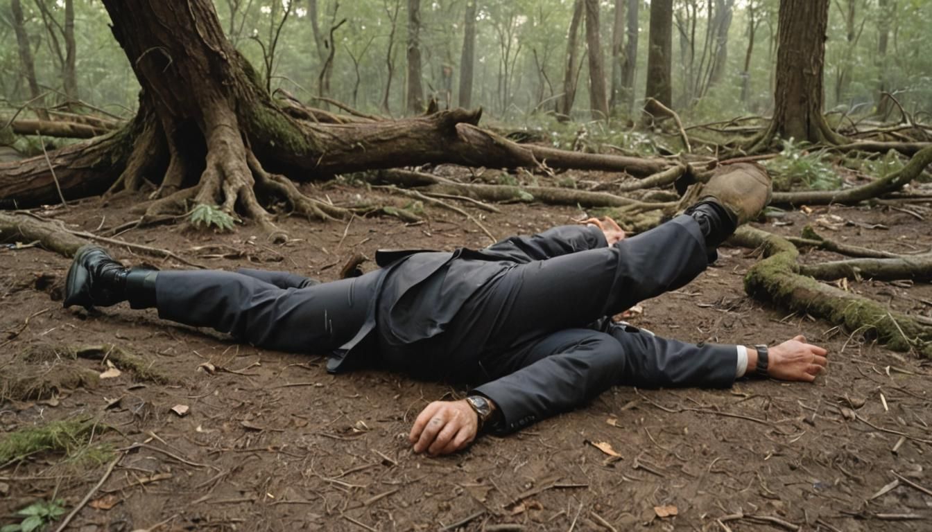 James Bond Buried Under Tree: Cinematic Film Still