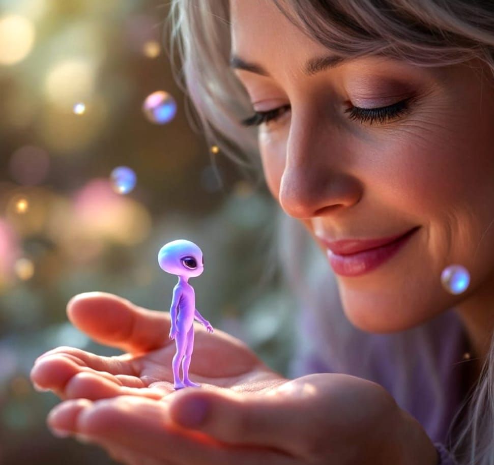 Gentle Alien Encounter in Whimsical Cosmic Landscape