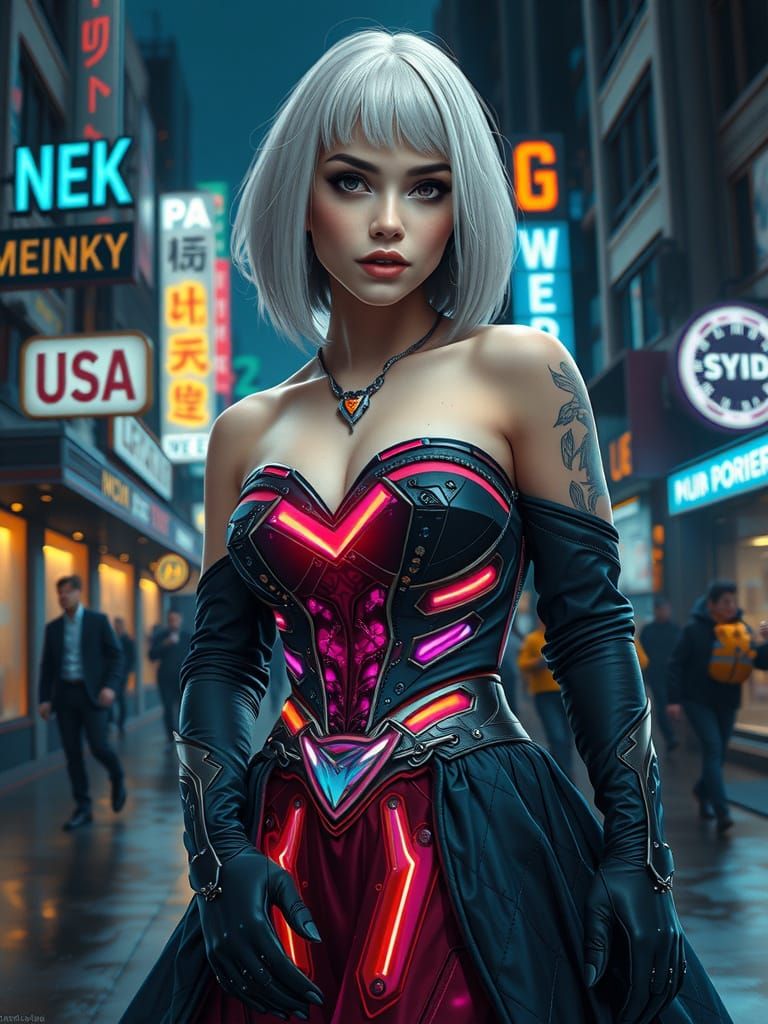 Confident Cyberpunk Cowgirl in Luxurious Futuristic Attire