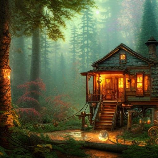 Steampunk Cabin in Forest, Second Empire Style