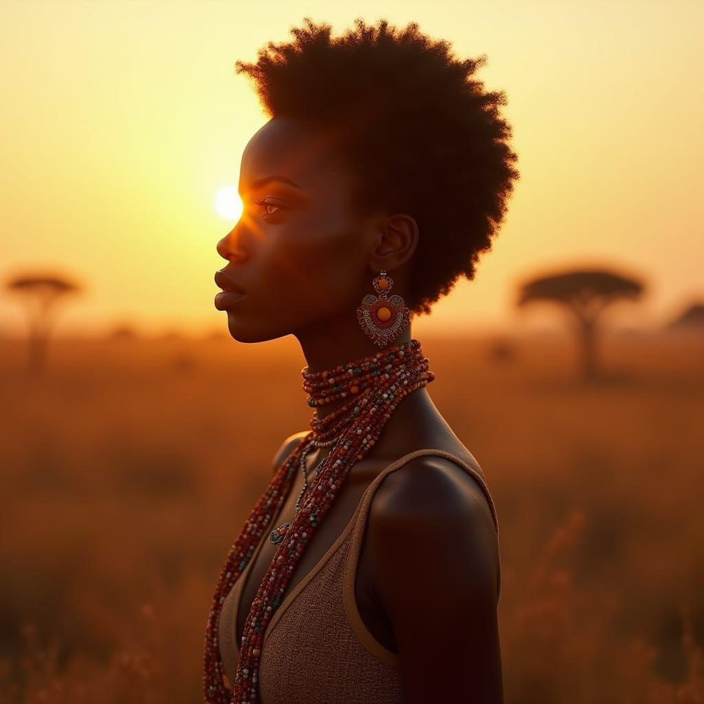 Regal African Woman in Savanna at Golden Hour