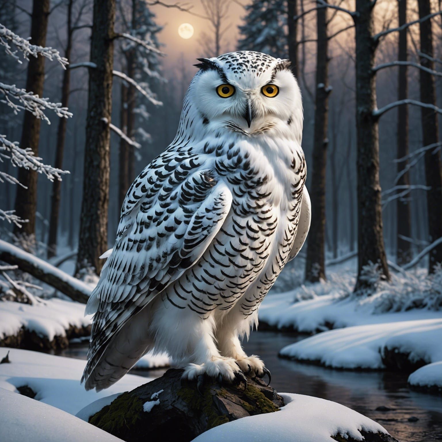 Photorealistic Snowy Owl in Winter Woods at Night