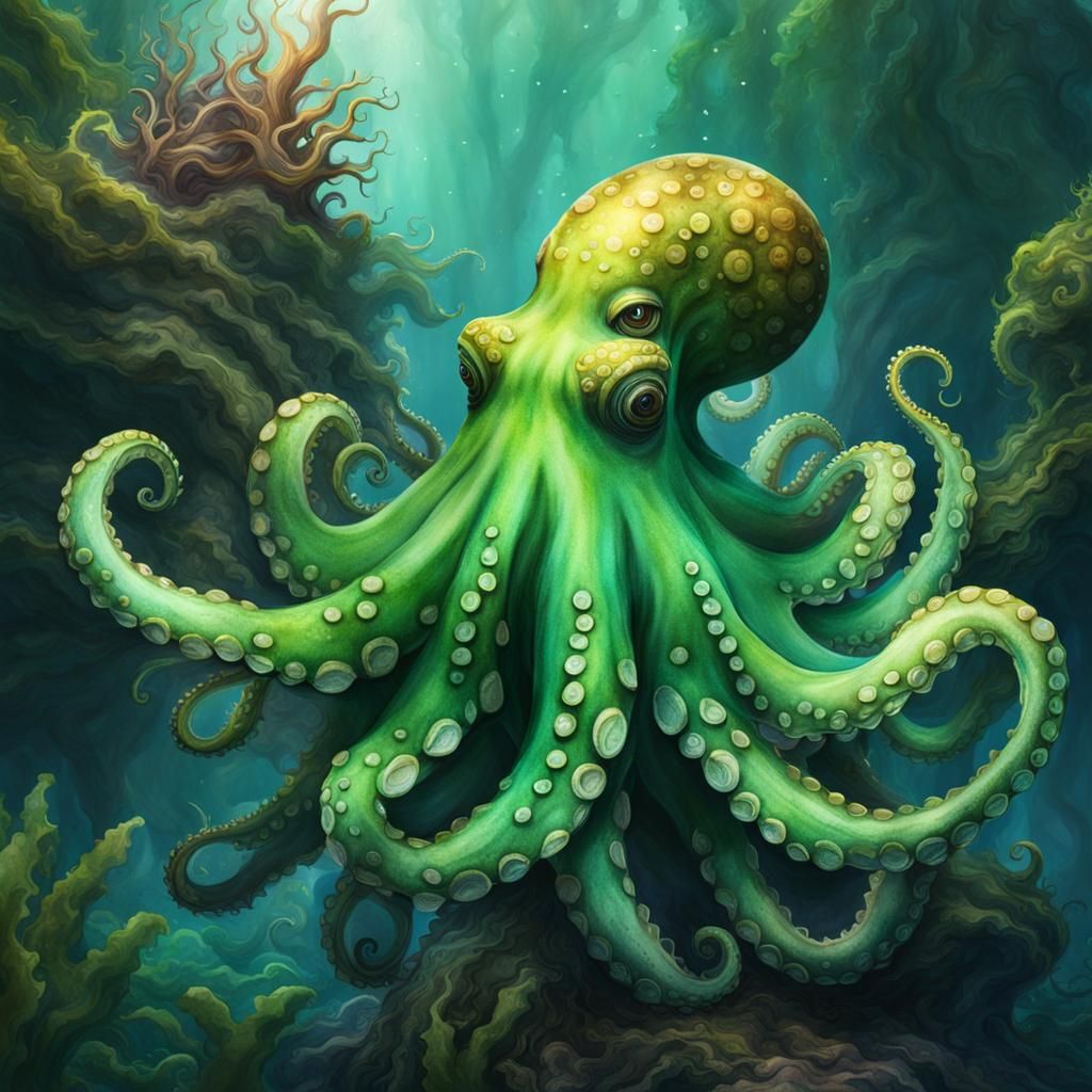 Charming Green Octopus in Watercolor Style