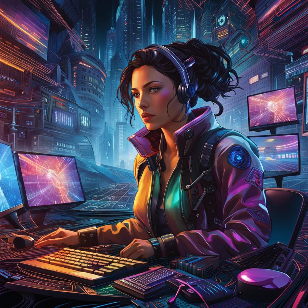 Female Hacker in High-Tech 3D Landscape