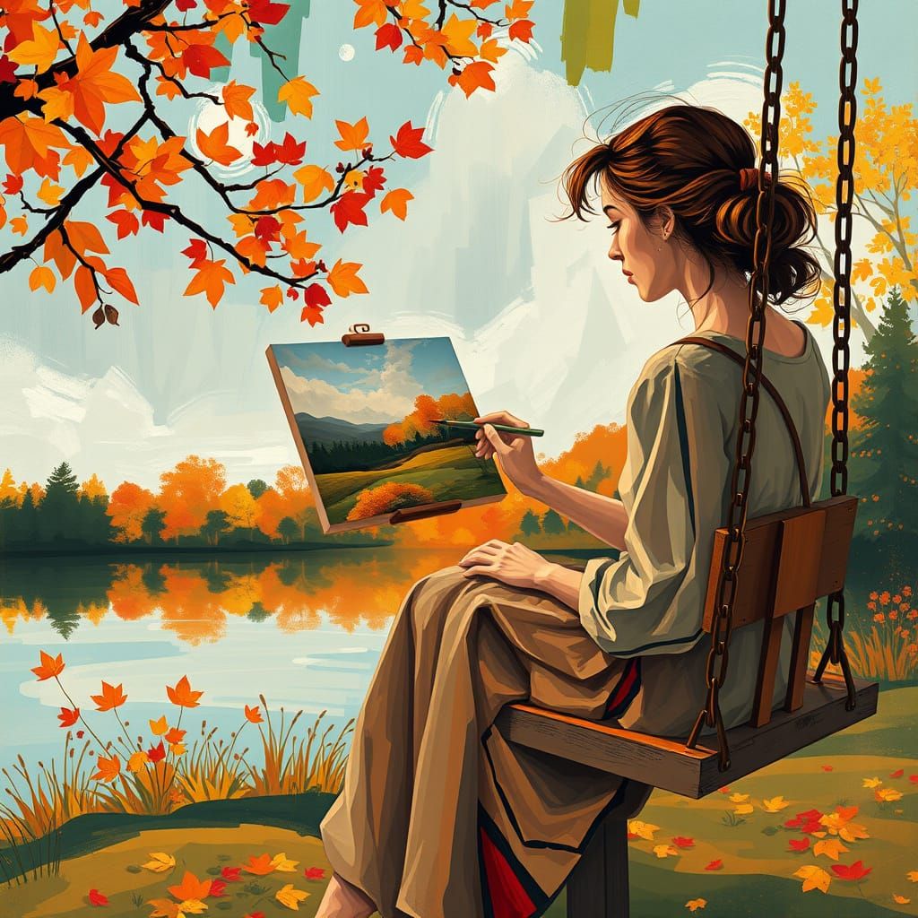 Woman Painting Surreal Autumn Lake Scene in Kandinsky Style