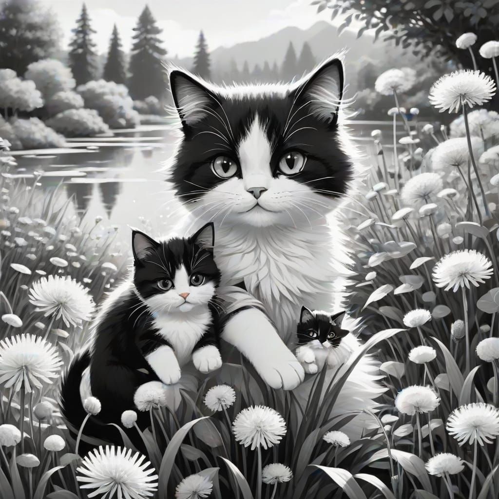 Vintage Cartoon Style Garden Scene with a Mother Cat and Kit...