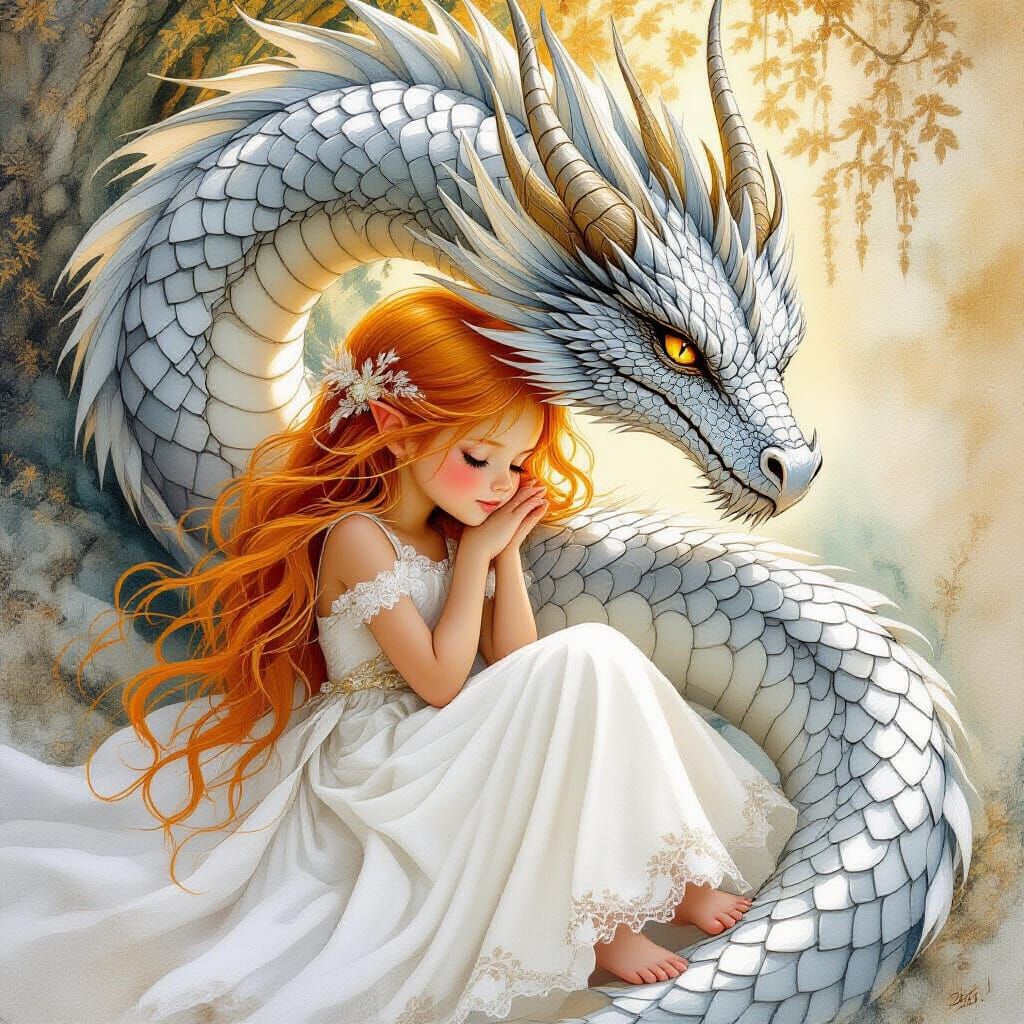 Girl and Dragon in Whimsical Watercolor Style