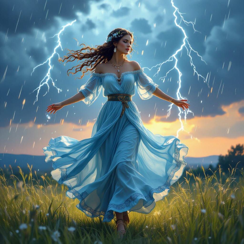 Slavic Rain Goddess Dodola Dancing in Summer Storm