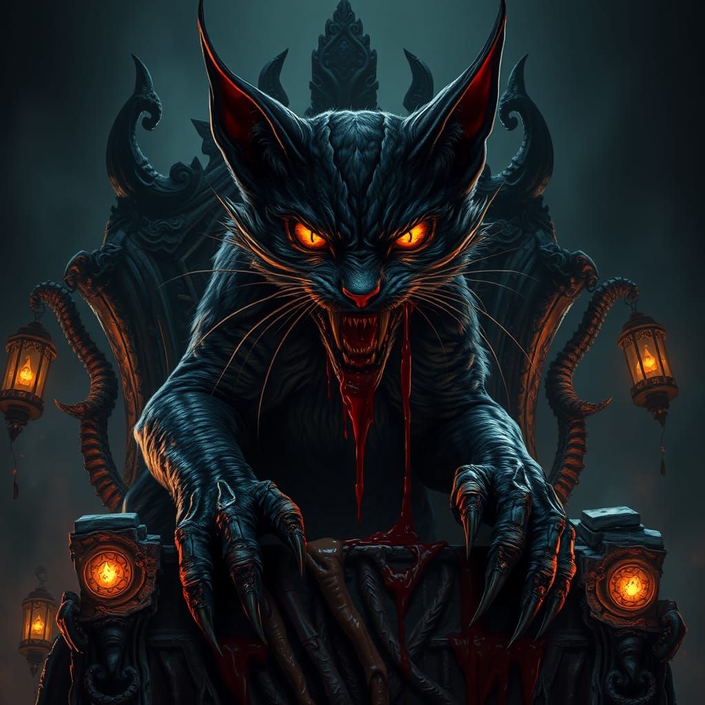 Demonic Cat on Throne in Dark Fantasy Style