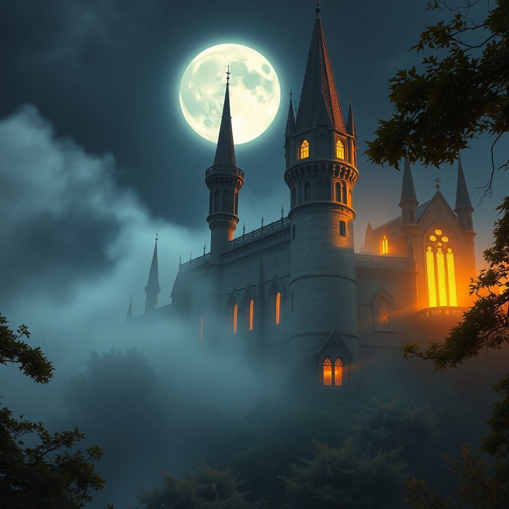 Ethereal Castle Illuminated by Full Moonlight