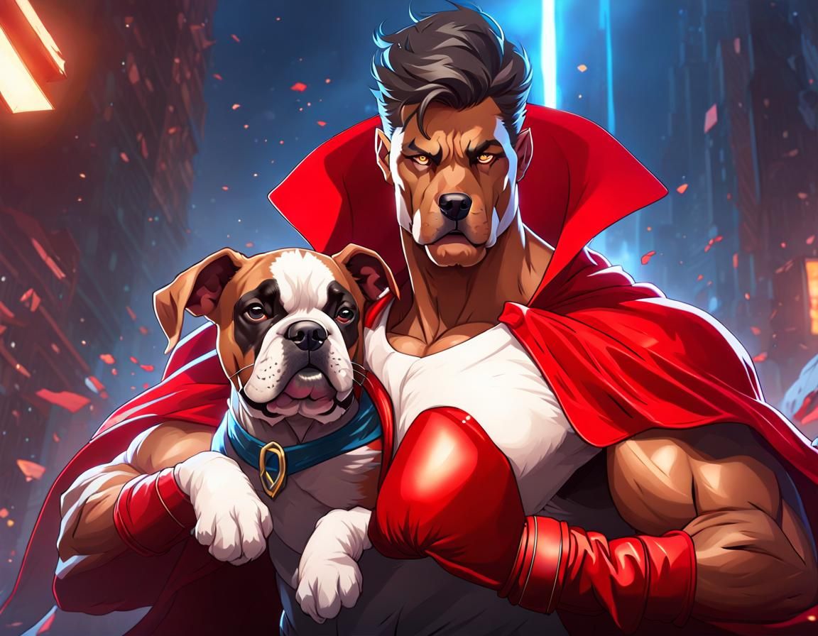 Superhero Boxer Saves Puppy, Hyperdetailed Digital Art