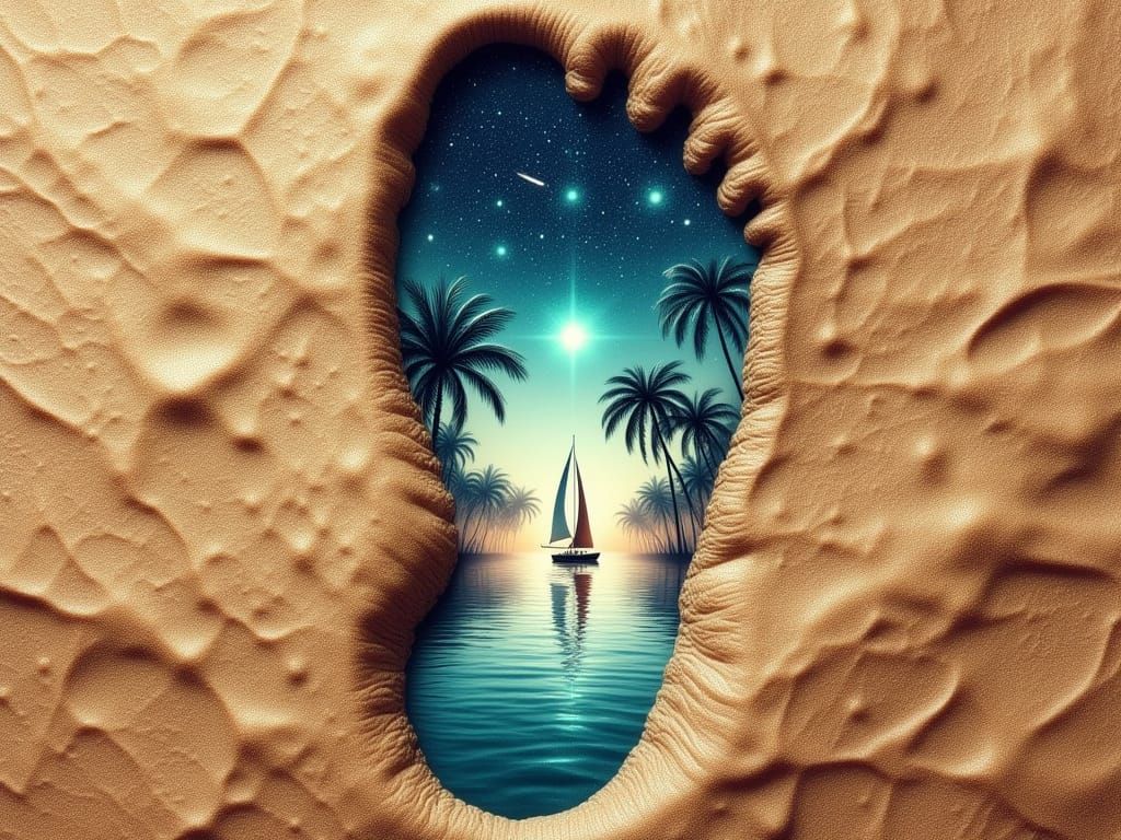 Tropical Beach Footprint Reveals Starlit Sky