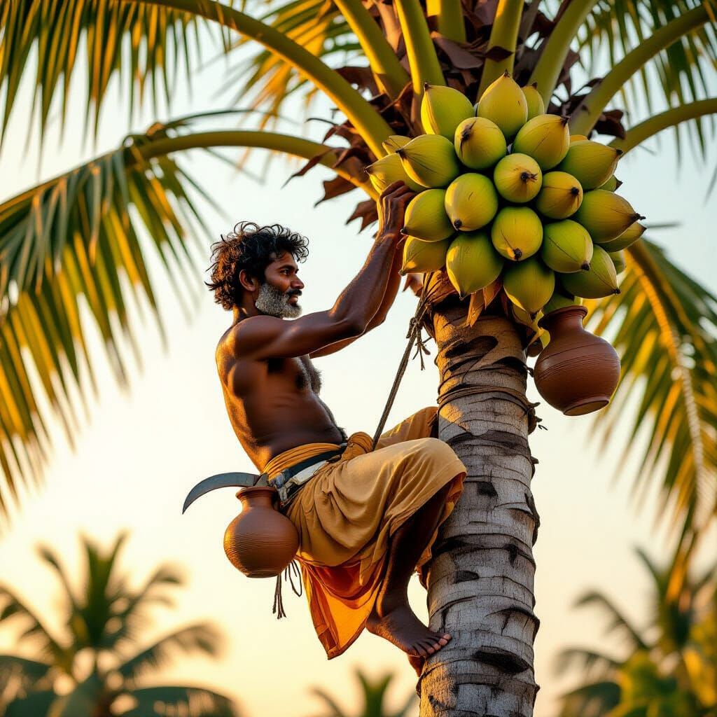 Sri Lankan Toddy Tapper Climbs Coconut Tree in Golden Hour