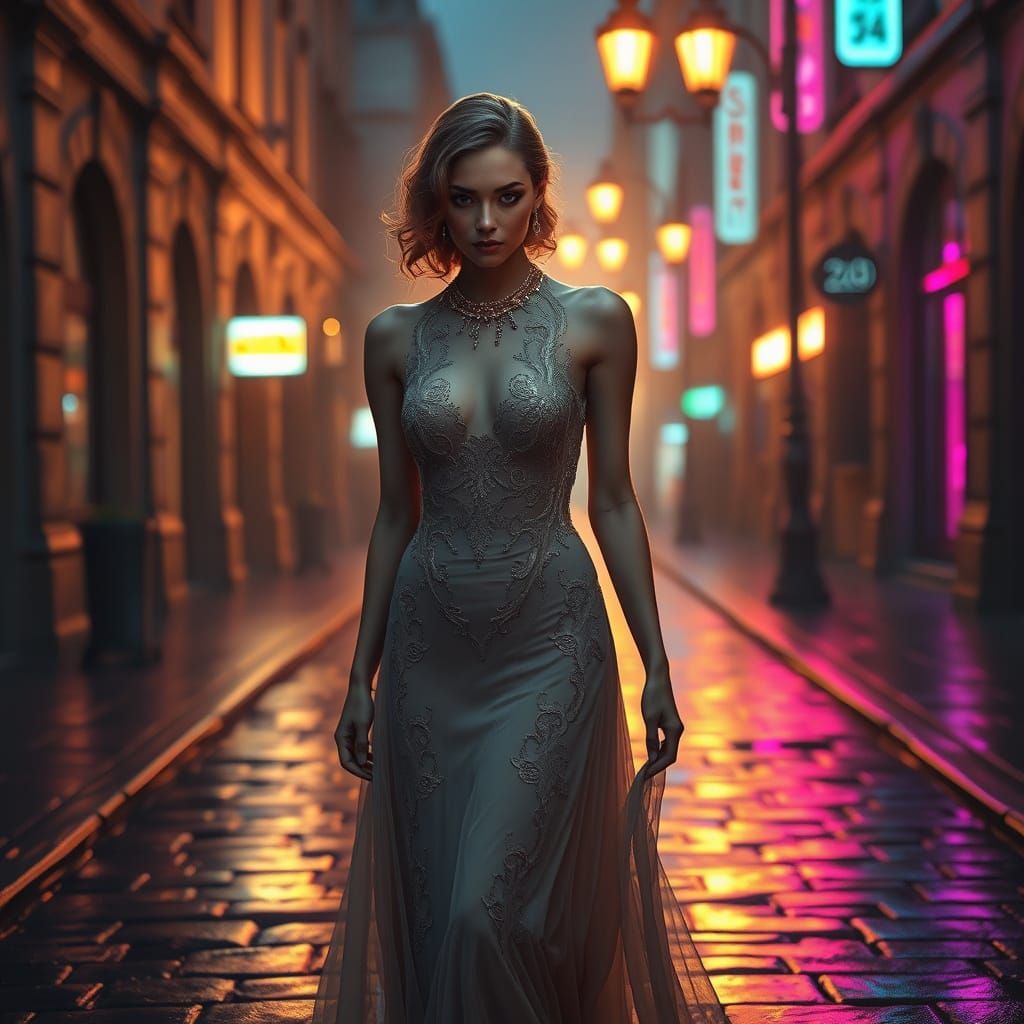 Enigmatic Woman Under Neon Streetlights