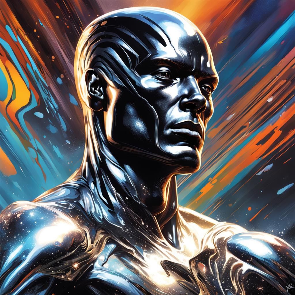 Hyperrealistic Black Silver Surfer in Splash Art Style