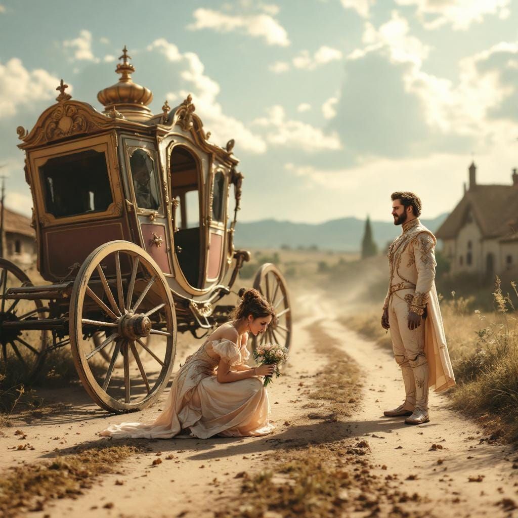 Hyperrealistic Princess Repairs Carriage on Dusty Road