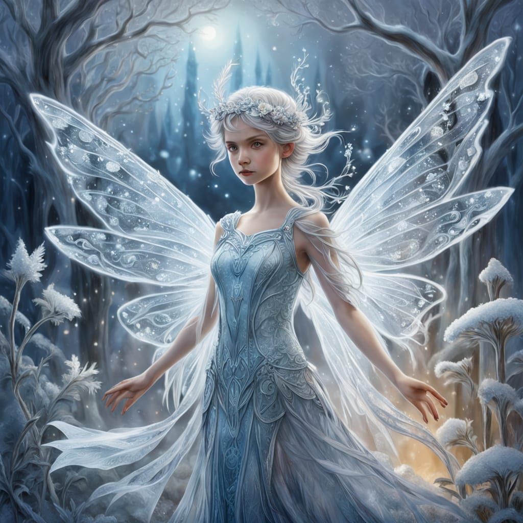 Frost Fairy in Enchanted Winter Garden, Art Nouveau Style