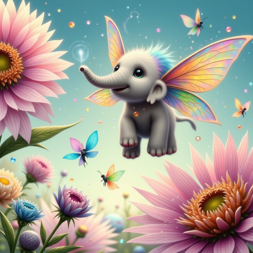 Whimsical Fairy Punk Elephants Soar Among Vibrant Blooms