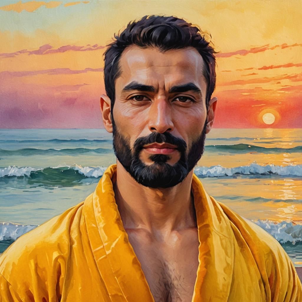 Man in Velvet Robe at Sunrise: Impressionist Painting