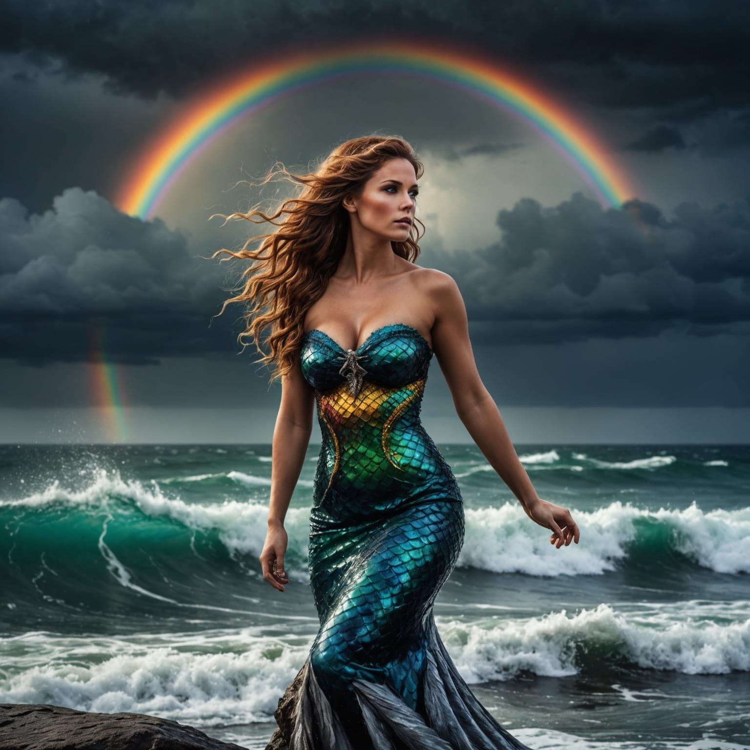 Mermaid Watches a Storm with Rainbow Lighting
